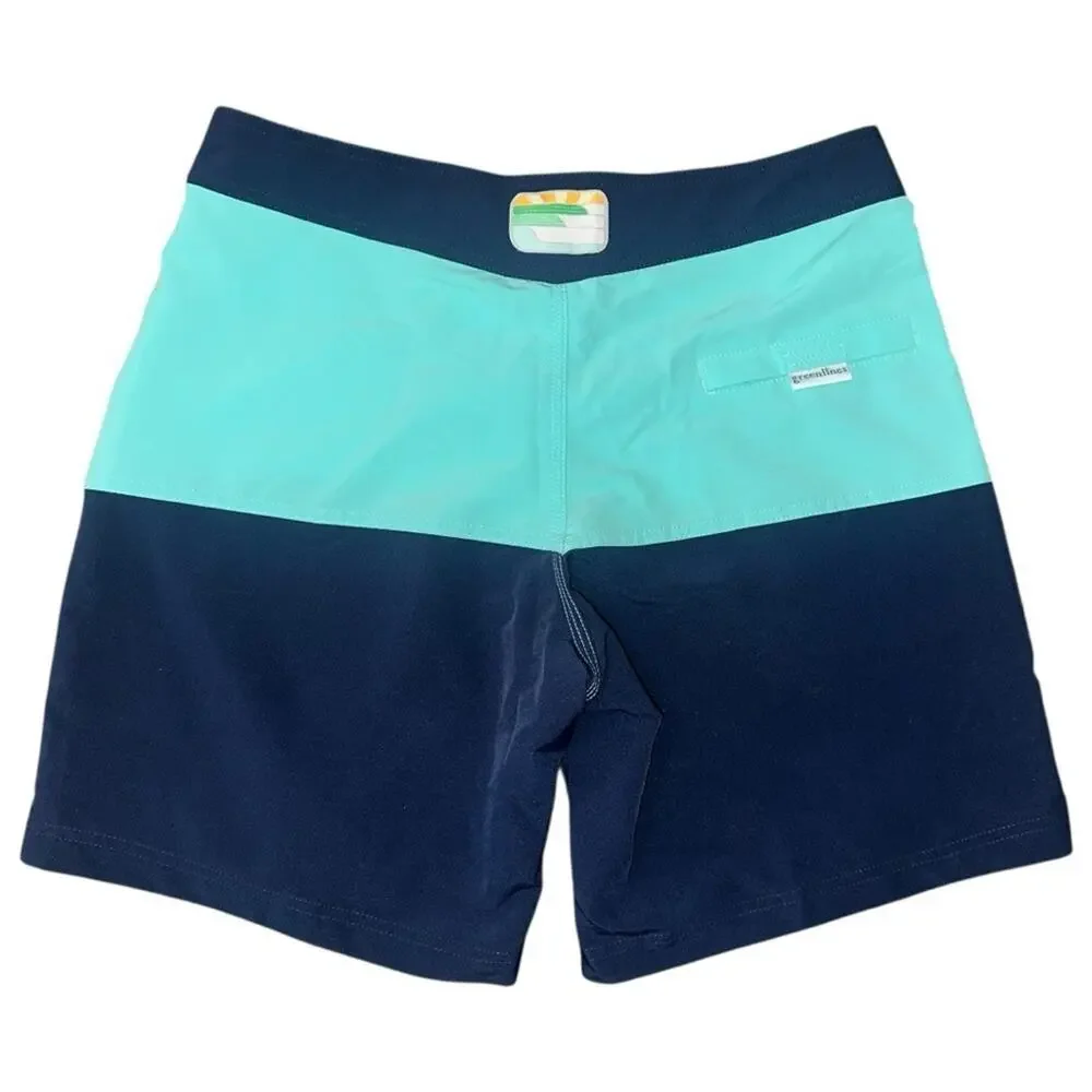 Greenlines Men’s Size 34 Navy Turquoise Blue Striped Board Shorts Swim Trunks